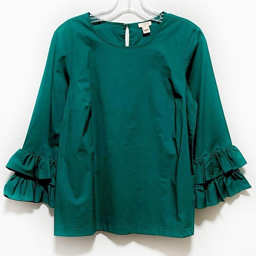 J. Crew Factory emerald green ruffled quarter sleeves keyhole back party blouse